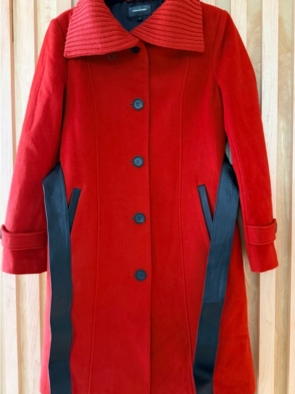 NWOT Mackage Red Wool-Blend Trench Coat with Black Trim & Belt